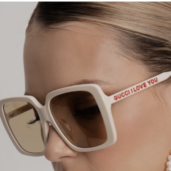 Gucci I LOVE YOU  Ivory Square Sunglasses Brown Light-Mirror Lenses NWT - Picture 1 of 16
